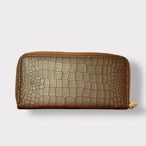 Elegant Brown Croc-Embossed Continental Zip Around Wallet